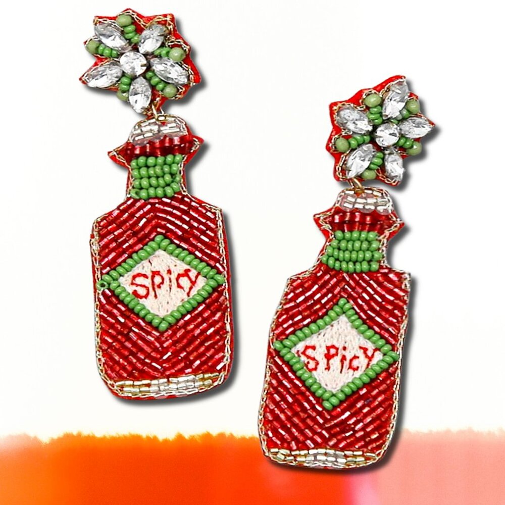 Hot Sauce Mexican Food Taco Tuesday Seed Beaded Statement Foodie Drop Earrings